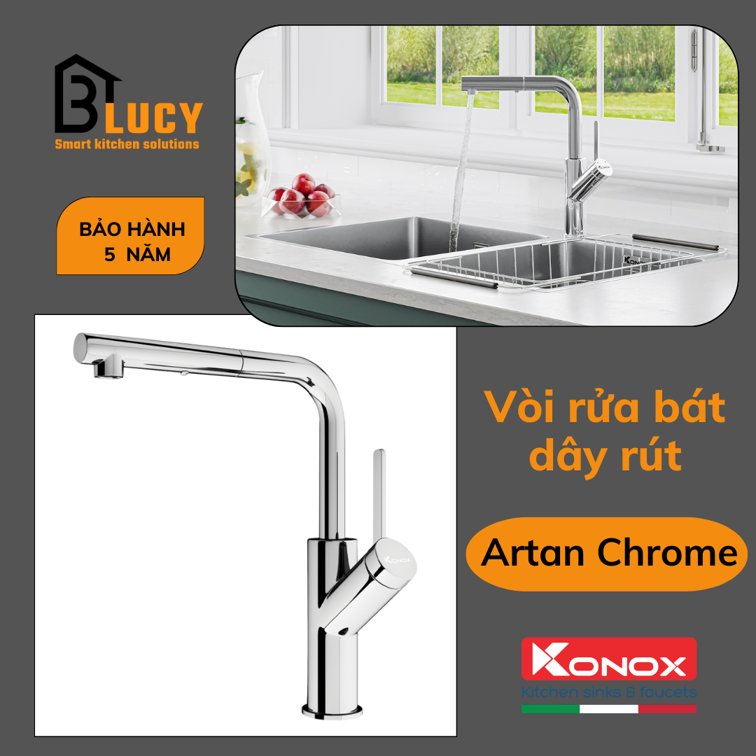 Vòi rửa bát dây rút Konox Artan Chrome